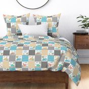 4 1/2" Painted Dinosaurs Patchwork Quilt (blue gold stone greystone) Child Dino Blanket Bedding, GL-A