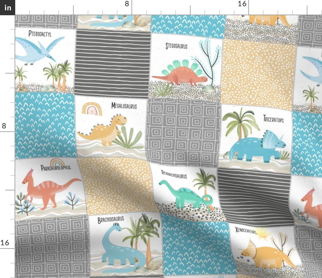 4 1/2" Painted Dinosaurs Patchwork Quilt (blue gold stone greystone) Child Dino Blanket Bedding, GL-A