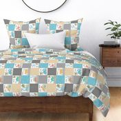 4 1/2" Painted Dinosaurs Patchwork Quilt (blue gold stone greystone) Child Dino Blanket Bedding, GL-A, rotated