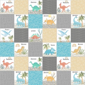 3" Painted Dinosaurs Patchwork Quilt (blue gold stone greystone) Child Dino Blanket Bedding, GL-A