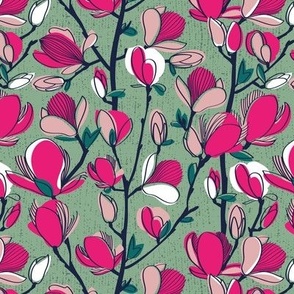 Small scale // From my window // jade green background fuchsia and carissma pink magnolia spring bloom
