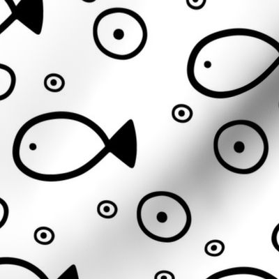 Hand drawn fish and bubbles seamless pattern. 