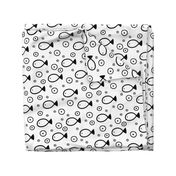 Hand drawn fish and bubbles seamless pattern. 