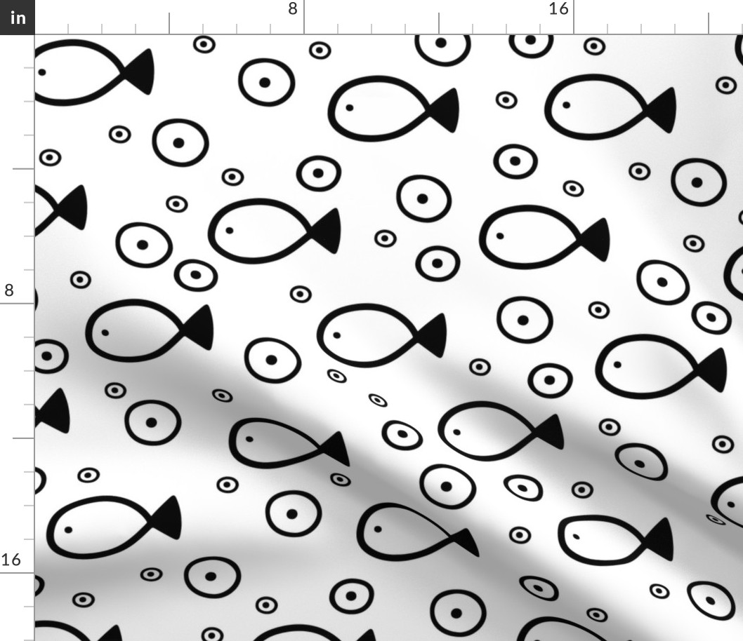 Hand drawn fish and bubbles seamless pattern. 