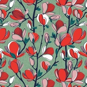 Small scale // From my window // jade green background neon red orange magnolia spring bloom