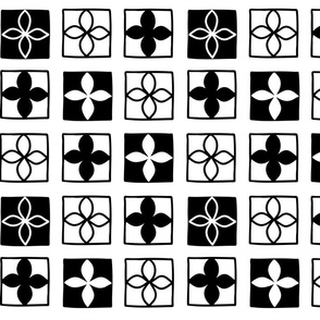 Black and white hand drawn square and flower seamless pattern.