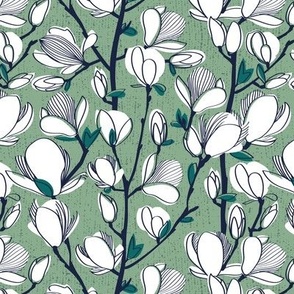 Small scale // From my window // jade green background white magnolia spring bloom