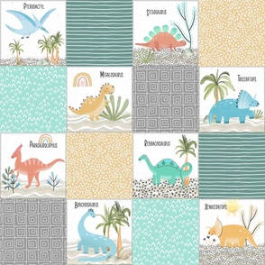 Painted Dinosaurs Patchwork Quilt (jungle mist, greystone gold spearmint) Child Dino Blanket Bedding, GL-C