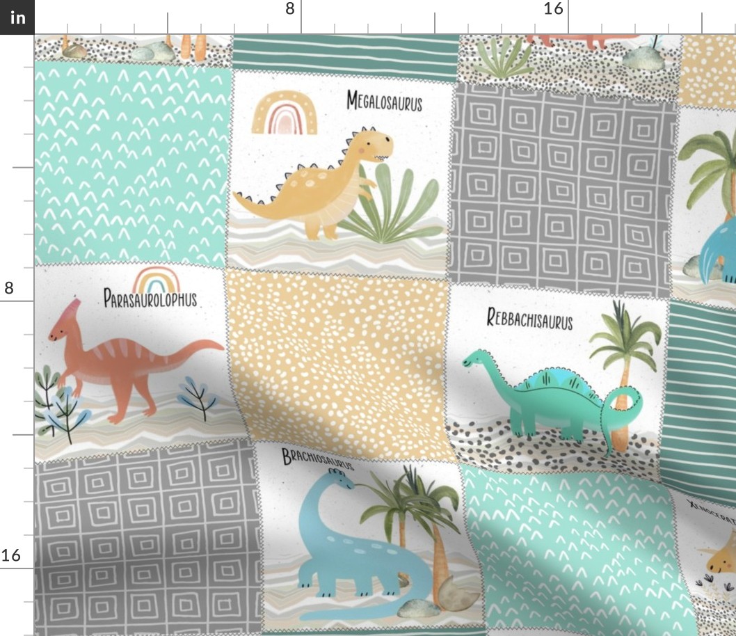Painted Dinosaurs Patchwork Quilt (jungle mist, greystone gold spearmint) Child Dino Blanket Bedding, GL-C