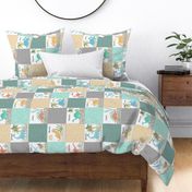 Painted Dinosaurs Patchwork Quilt (jungle mist, greystone gold spearmint) Child Dino Blanket Bedding, GL-C, rotated