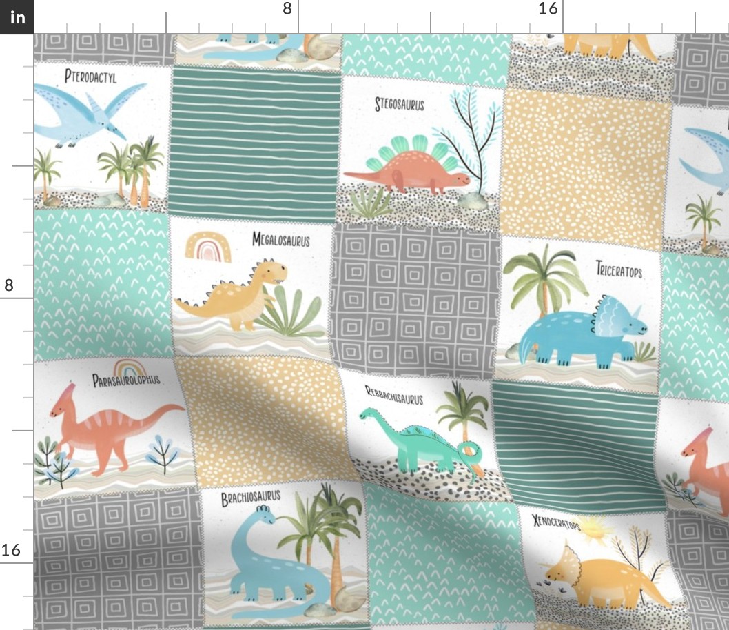 4 1/2" Painted Dinosaurs Patchwork Quilt (jungle mist, greystone gold spearmint) Child Dino Blanket Bedding, GL-C