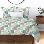 4 1/2" Painted Dinosaurs Patchwork Quilt (jungle mist, greystone gold spearmint) Child Dino Blanket Bedding, GL-C, rotated