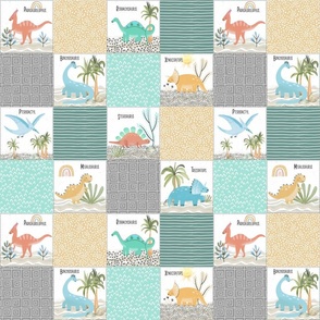3" Painted Dinosaurs Patchwork Quilt (jungle mist, greystone gold spearmint) Child Dino Blanket Bedding, GL-C