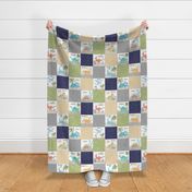 Painted Dinosaurs Patchwork Quilt (navy greystone gold olive) Child Dino Blanket Bedding, GL-D