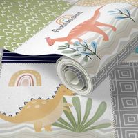 Painted Dinosaurs Patchwork Quilt (navy greystone gold olive) Child Dino Blanket Bedding, GL-D