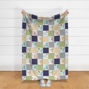 Painted Dinosaurs Patchwork Quilt (navy greystone gold olive) Child Dino Blanket Bedding, GL-D, rotated