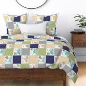 Painted Dinosaurs Patchwork Quilt (navy greystone gold olive) Child Dino Blanket Bedding, GL-D, rotated
