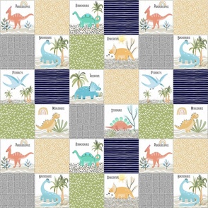 3" Painted Dinosaurs Patchwork Quilt (navy greystone gold olive) Child Dino Blanket Bedding, GL-D
