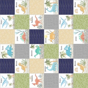 3" Painted Dinosaurs Patchwork Quilt (navy greystone gold olive) Child Dino Blanket Bedding, GL-D, rotated