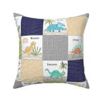 4 1/2" Painted Dinosaurs Patchwork Quilt (navy greystone gold olive) Child Dino Blanket Bedding, GL-D