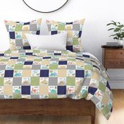 4 1/2" Painted Dinosaurs Patchwork Quilt (navy greystone gold olive) Child Dino Blanket Bedding, GL-D