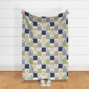 4 1/2" Painted Dinosaurs Patchwork Quilt (navy greystone gold olive) Child Dino Blanket Bedding, GL-D