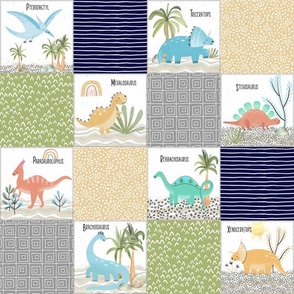 4 1/2" Painted Dinosaurs Patchwork Quilt (navy greystone gold olive) Child Dino Blanket Bedding, GL-D