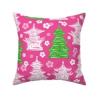 Pretty Pagodas Pink Green White Large Scale