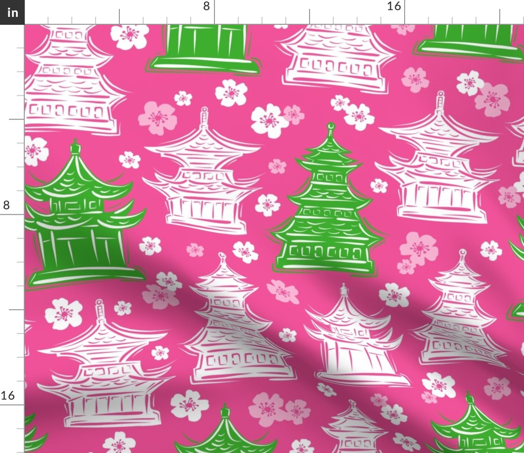 Pretty Pagodas Pink Green White Large Scale