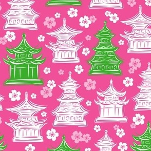 Pretty Pagodas Pink Green White Regular Scale