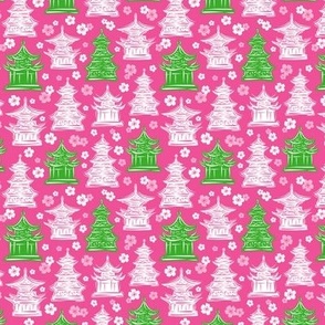 Pretty Pagodas Pink Green White Small Scale