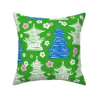 Pretty Pagodas Green Blue White Large Scale