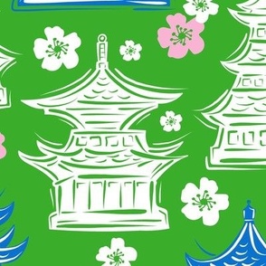 Pretty Pagodas Green Blue White Large Scale