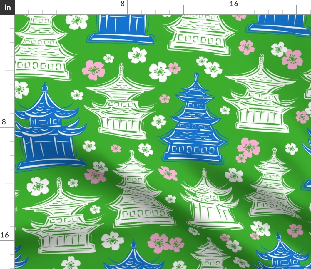 Pretty Pagodas Green Blue White Large Scale