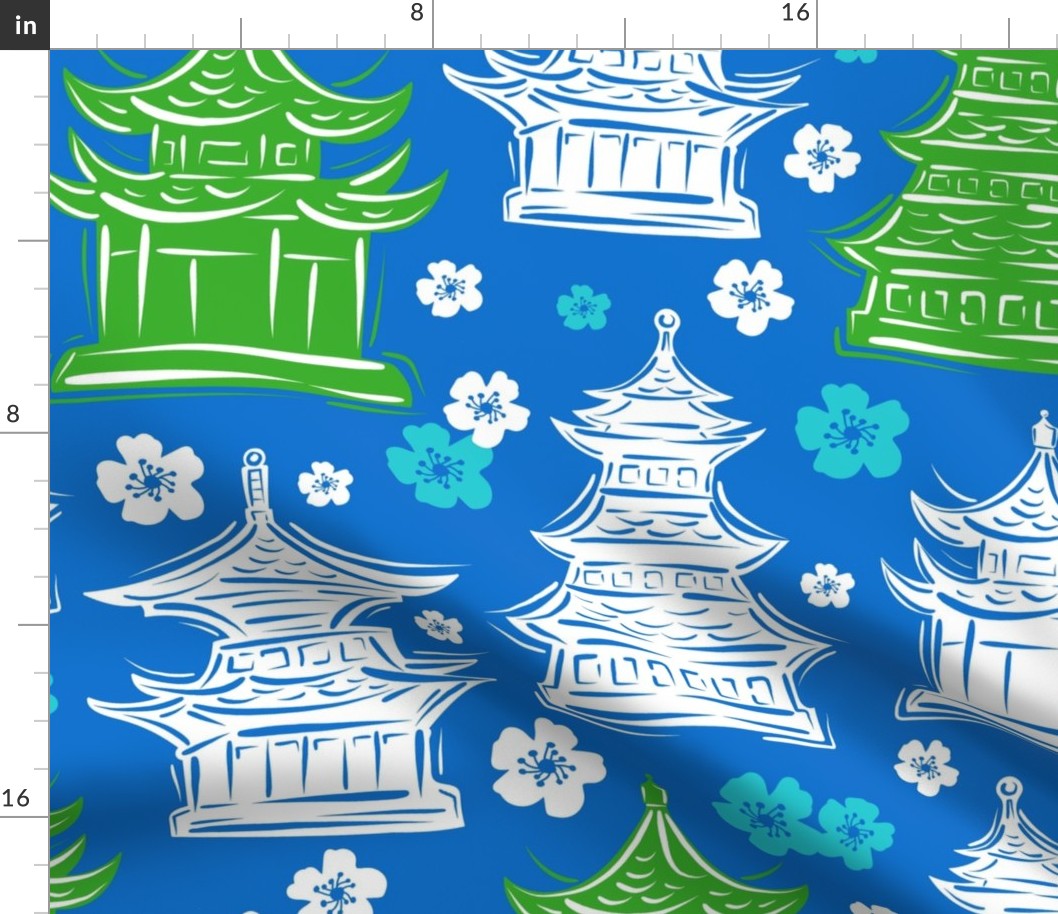 Pretty Pagodas Blue Green White Jumbo Scale