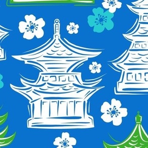 Pretty Pagodas Blue Green White Large Scale
