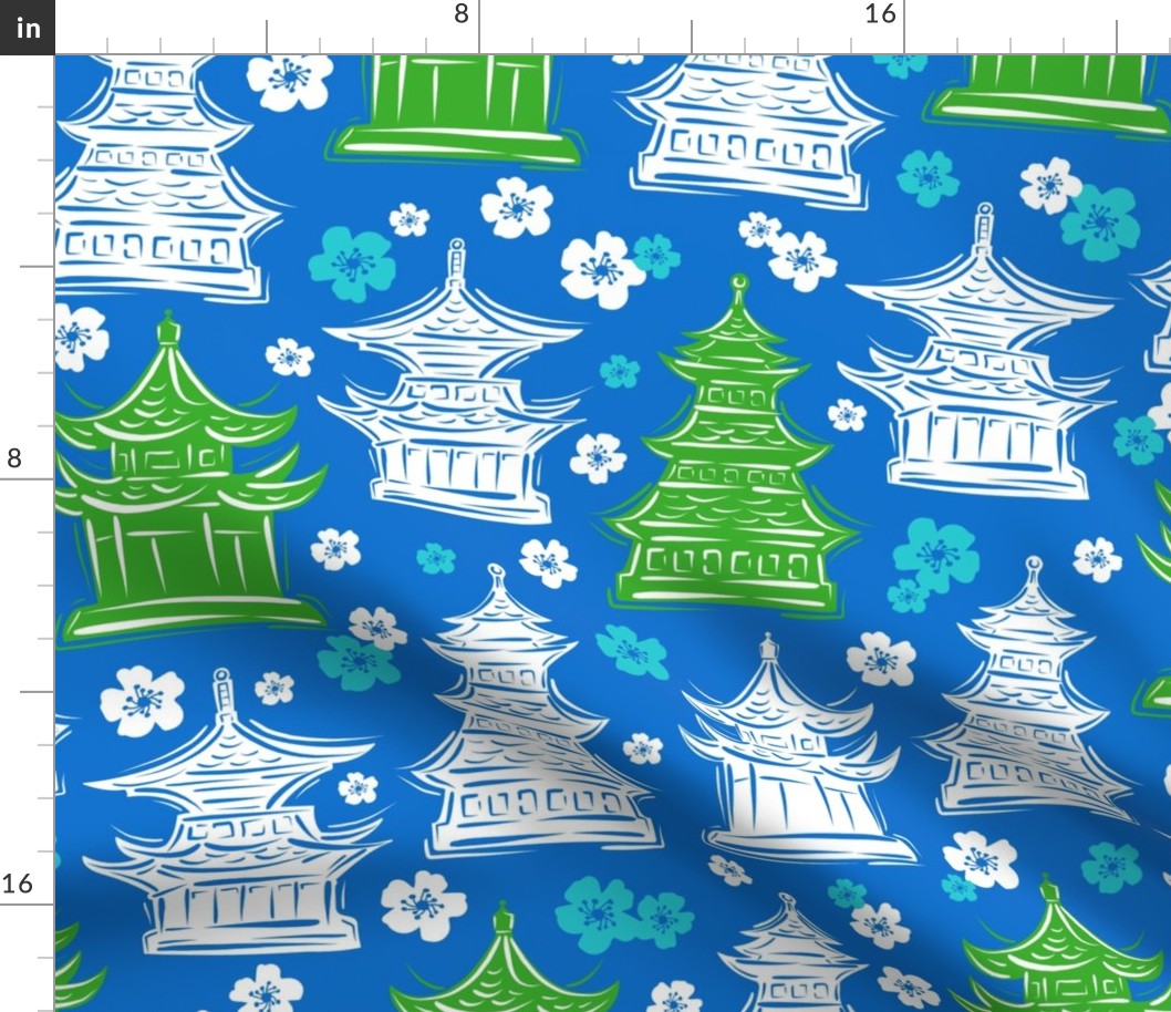 Pretty Pagodas Blue Green White Large Scale