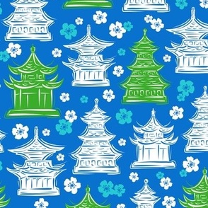 Pretty Pagodas Blue Green White Regular Scale