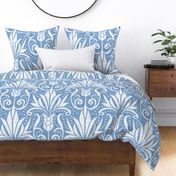 Delancy - Cornflower Floral Damask - Cornflower Blue Faux Linen White Jumbo Scale