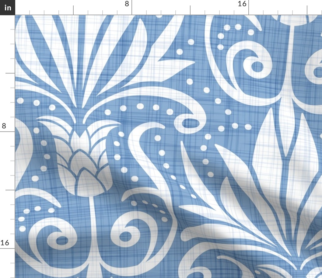 Delancy - Cornflower Floral Damask - Cornflower Blue Faux Linen White Jumbo Scale