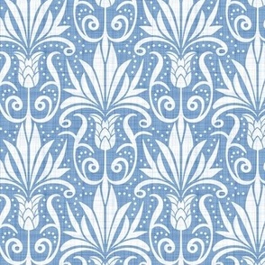Delancy - Cornflower Floral Damask - Cornflower Blue Faux Linen White Regular Scale