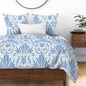 Delancy - Cornflower Floral Damask - Faux Linen White Cornflower Blue Jumbo Scale