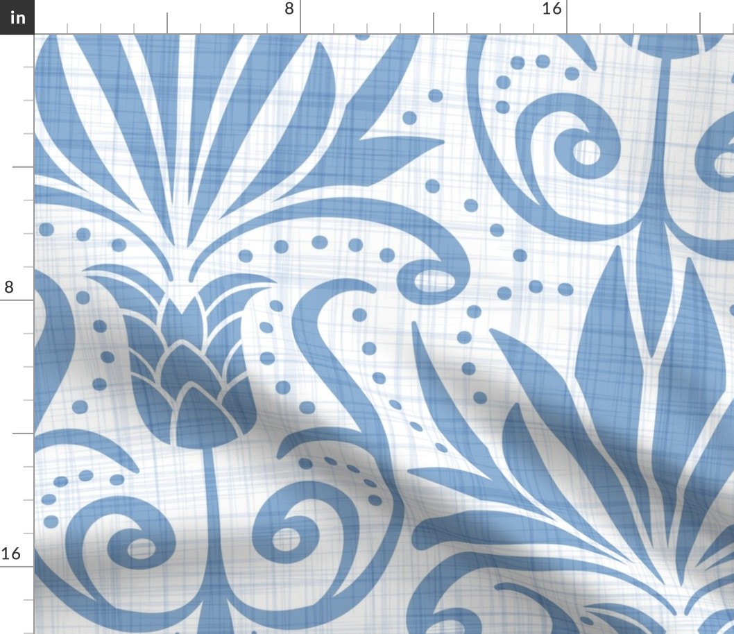 Delancy - Cornflower Floral Damask - Faux Linen White Cornflower Blue Jumbo Scale