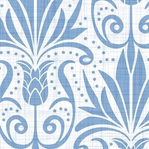 Delancy - Cornflower Floral Damask - Faux Linen White Cornflower Blue Large Scale