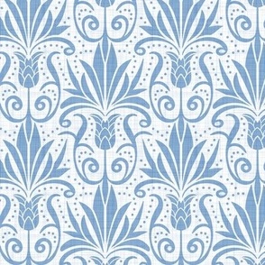 Delancy - Cornflower Floral Damask - Faux Linen White Cornflower Blue Regular Scale