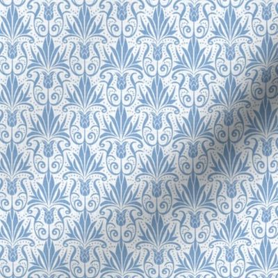 Delancy - Cornflower Floral Damask - Faux Linen White Cornflower Blue Small Scale