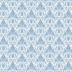 Delancy - Cornflower Floral Damask - Faux Linen White Cornflower Blue Small Scale