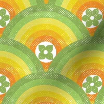 Retro 70s Scallop Circle Flowers– Green Yellow Orange
