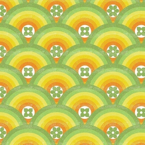 Retro 70s Scallop Circle Flowers– Green Yellow Orange