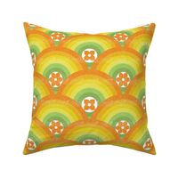 Retro 70s Scallop Circle Flowers– Orange Yellow Green